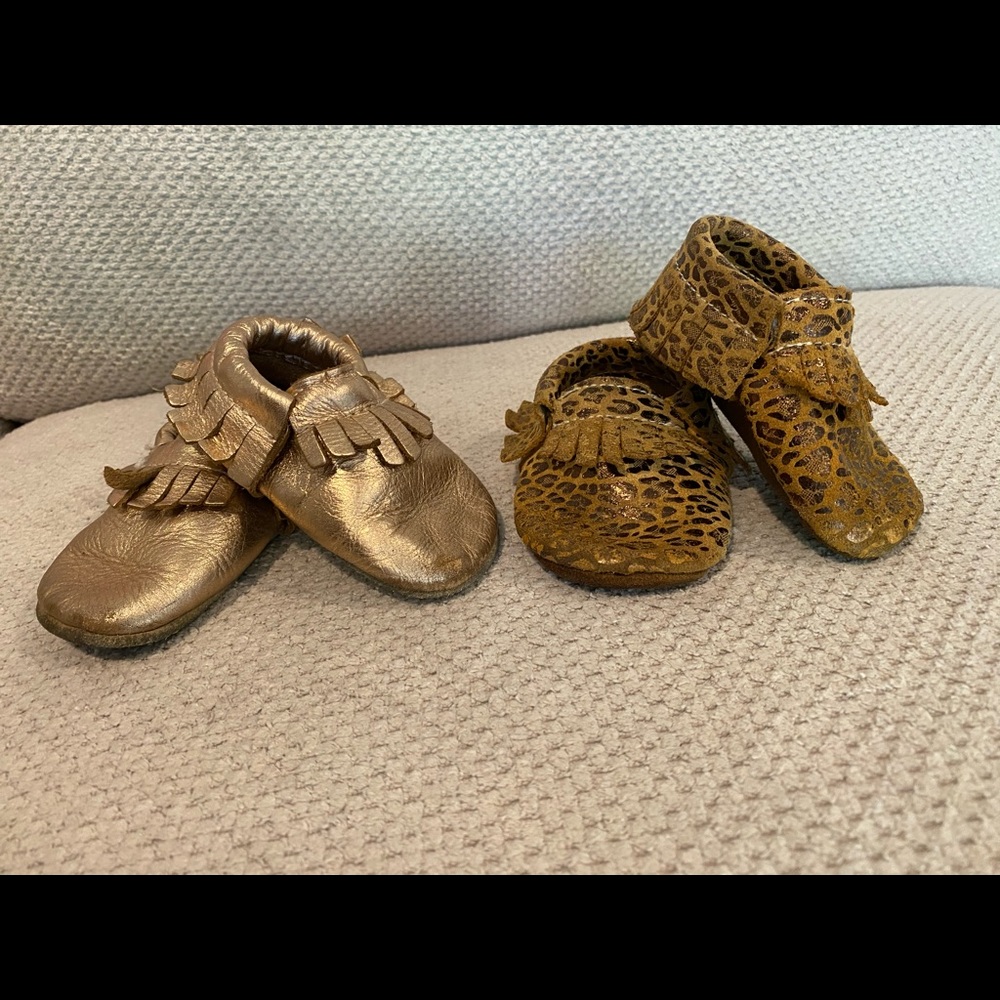 Birdrock Baby moccasins bronze and Leopard